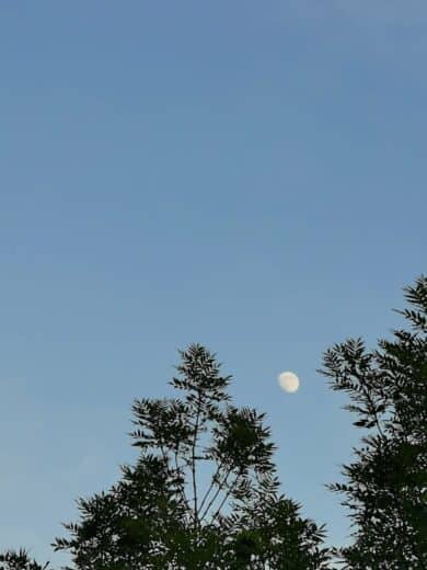 Dem Mond zuschauen und Podcasts hören nachts auf dem Balkon