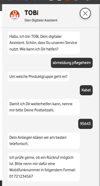 Screenshot TOBi: Soll Rufnummer schicken für einen Rückruf.