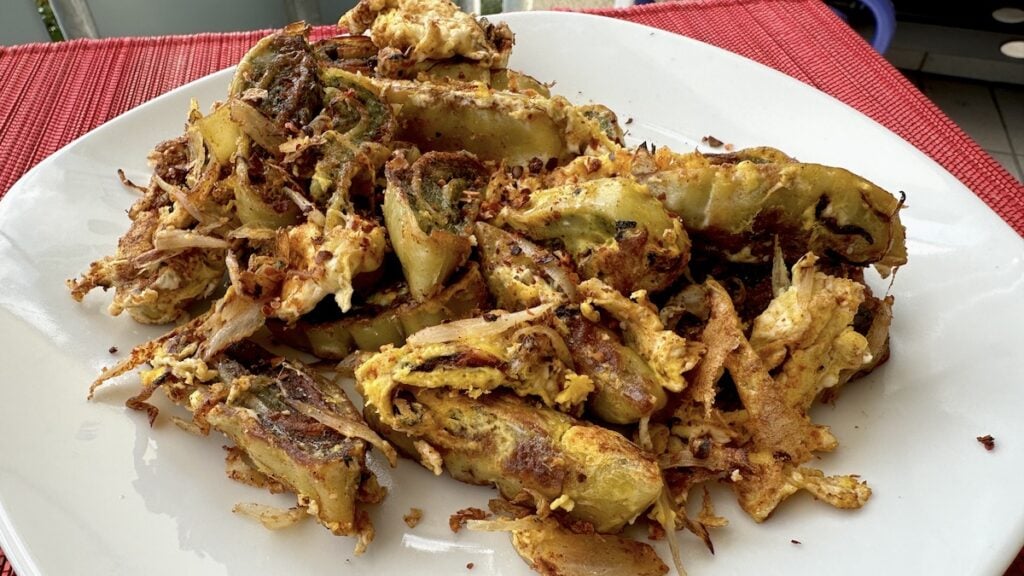 Maultaschen, gebraten mit Ei, auf dem Balkon verspeist