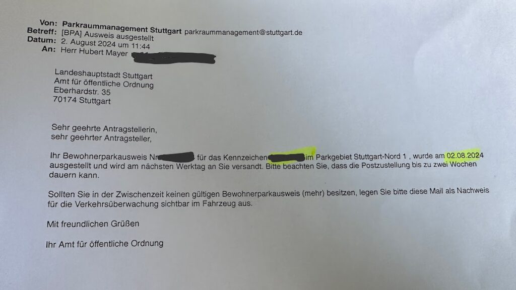 Bestätigung Parkraummanagement