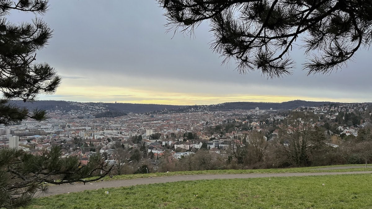 Toller Ausblick durch die Kiefern auf Stuttgart am Bismarckturm, leider versaut durch den Silvestermüll