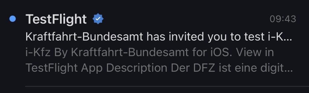Screenshot E-Mail vom Kraftfahrtbundesamt zum Test des digitalen Fahrzeugscheins