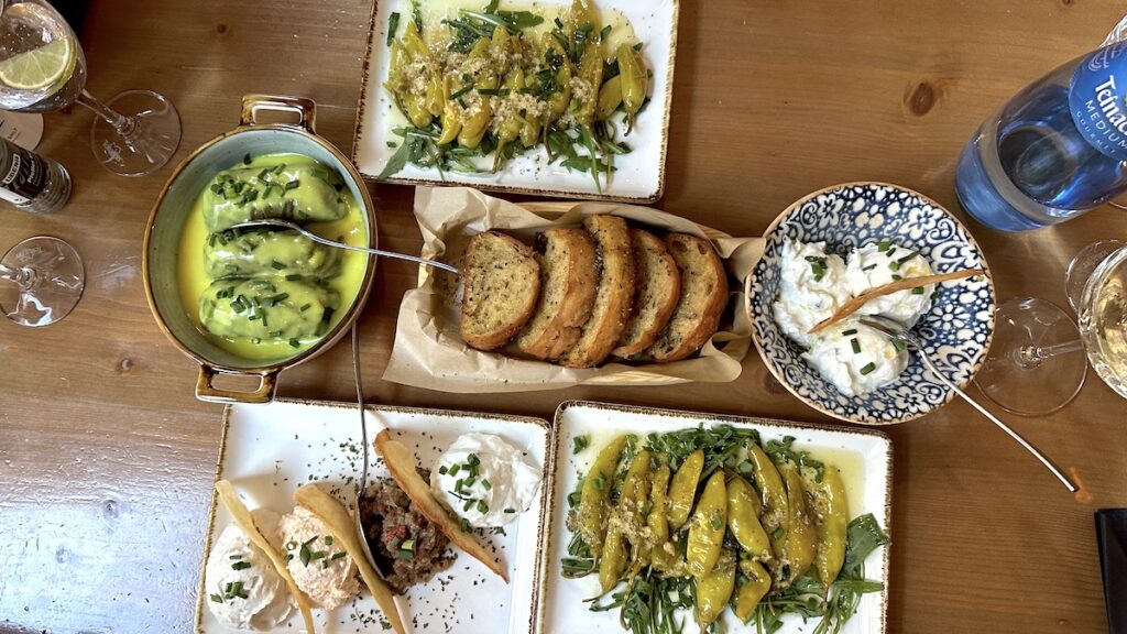 Diverse Vorspeisen beim Griechen: Cremes, Peperoni, Weinblätter, Knoblauchbrot, Tsatsiki