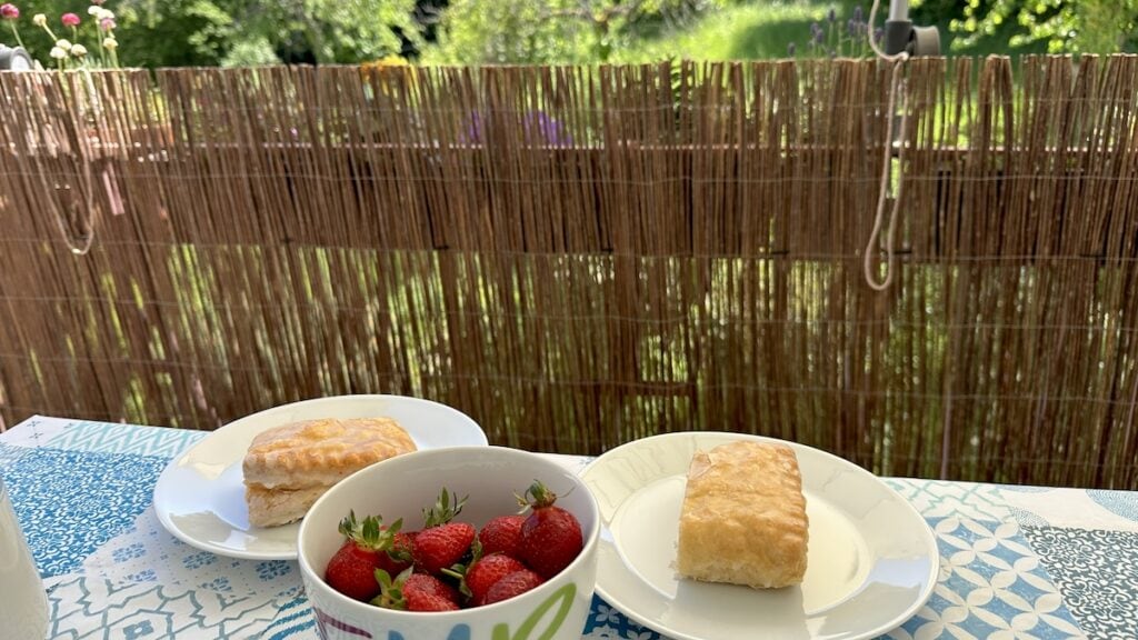 Erdbeeren und Apfeltasche auf dem Balkon