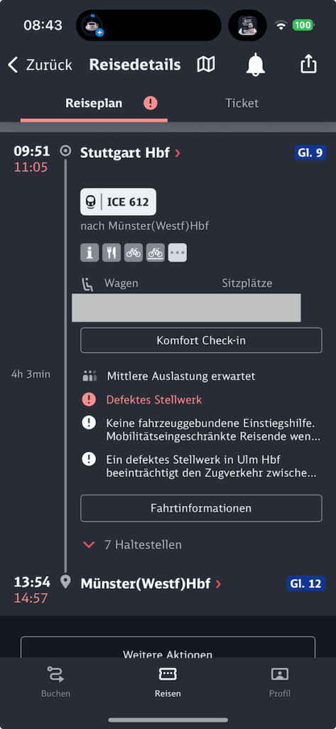Screenshot DB Navigator: 74 Minuten angekündigte Verspätung bei Abfahrt