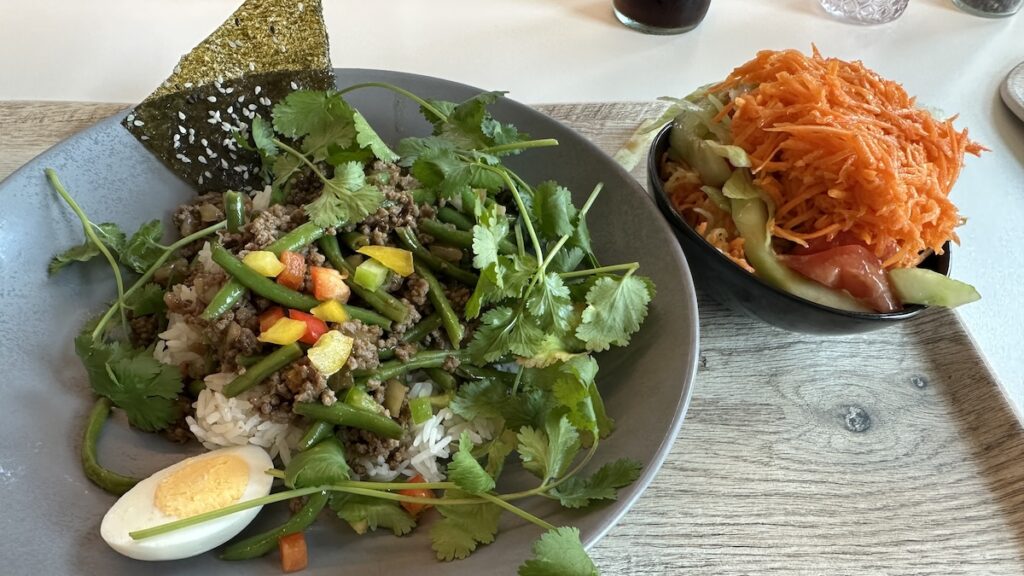 Japanische Reisschüssel mit Hackfleisch und Bohnen