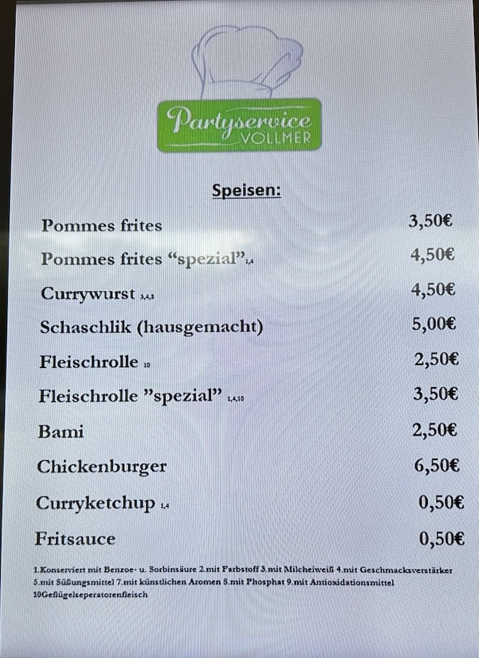 Preisliste für das Essen auf dem Classic Open Air Brügge