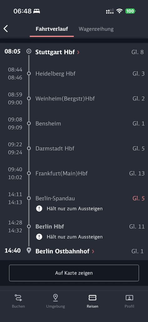 Screenshot: Erst Milchkannenstops, dann  ab Frankfurt direkt nach Berlin mit der Bahn