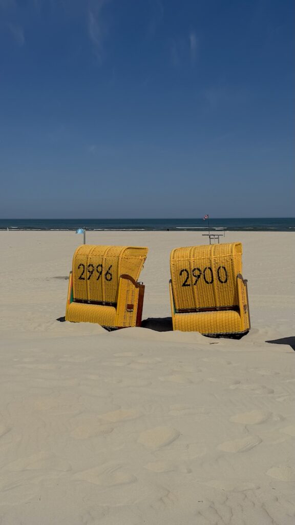 Gelbe Strandkörbe am Meer