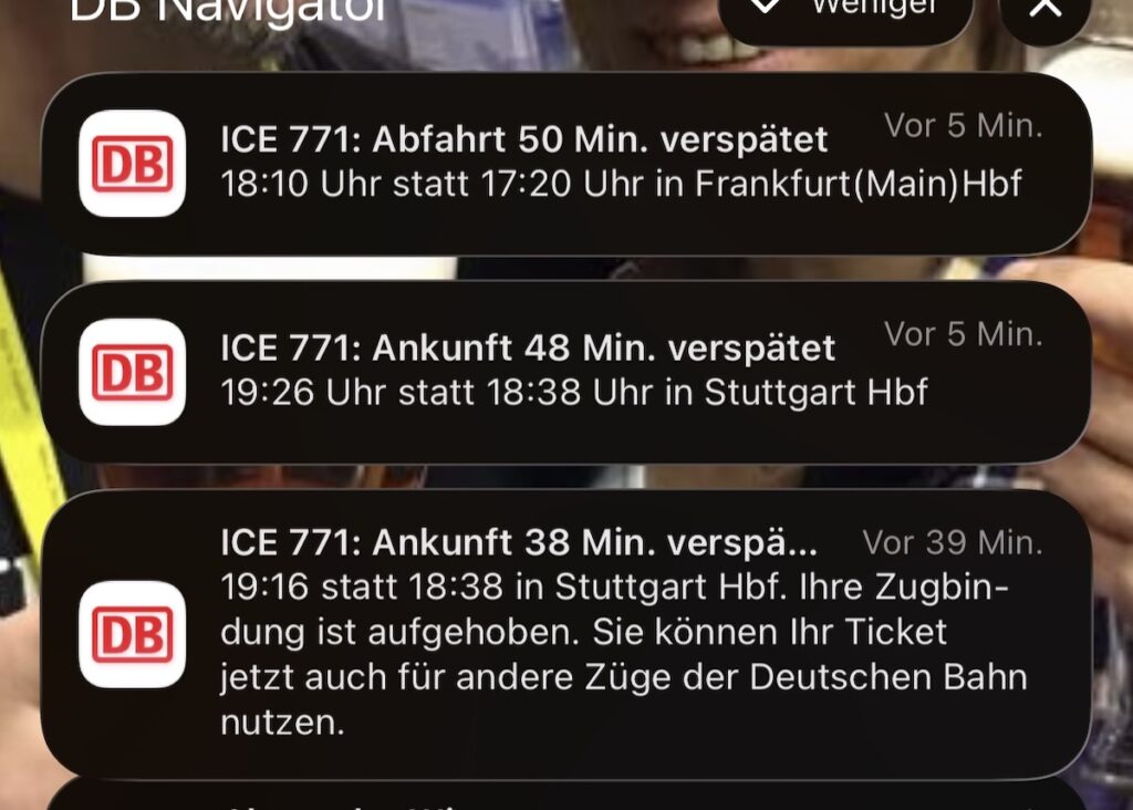 Screenshot der Benachrichtigungen der DB